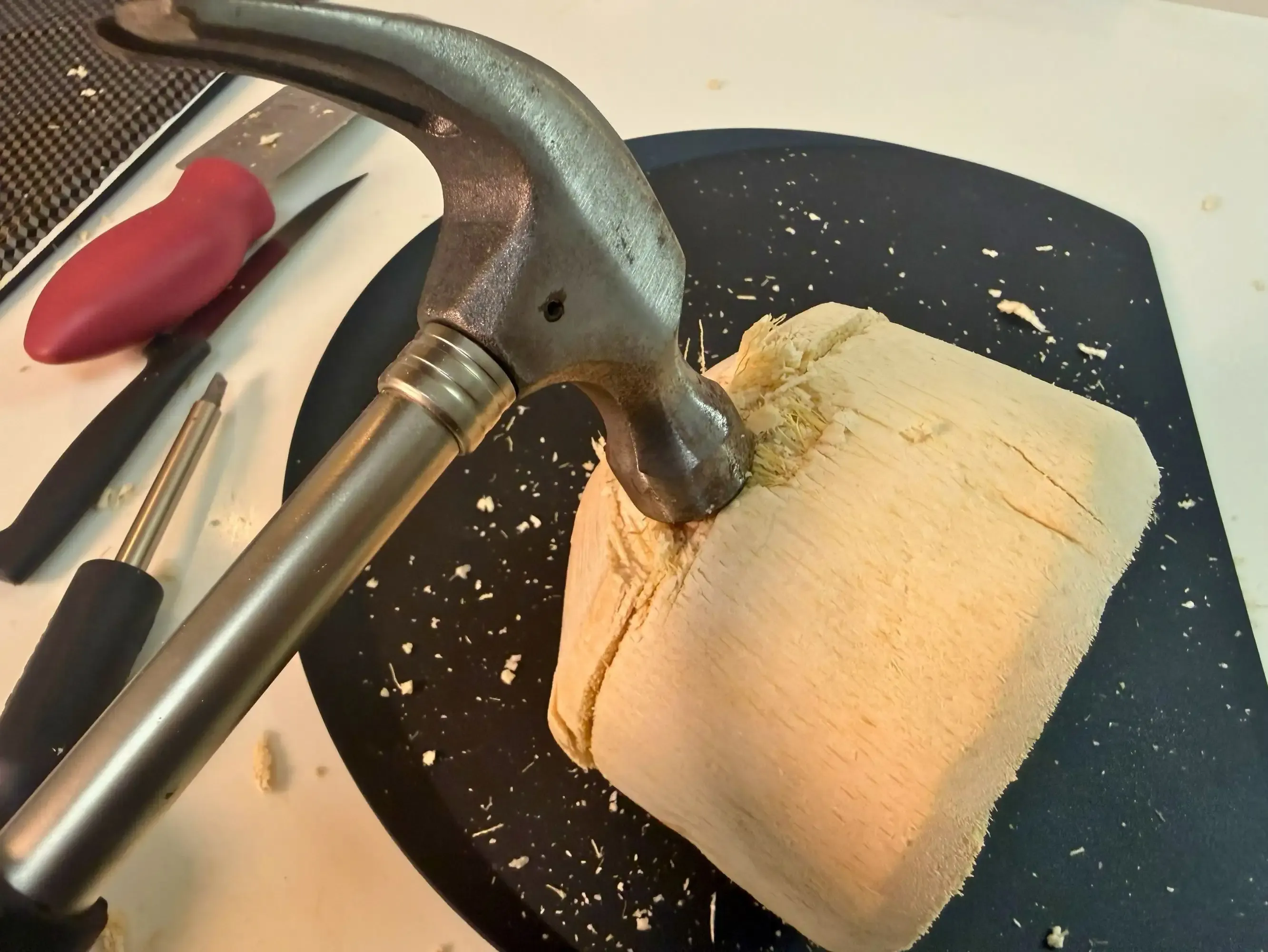 金づちでココナッツにヒビが入る