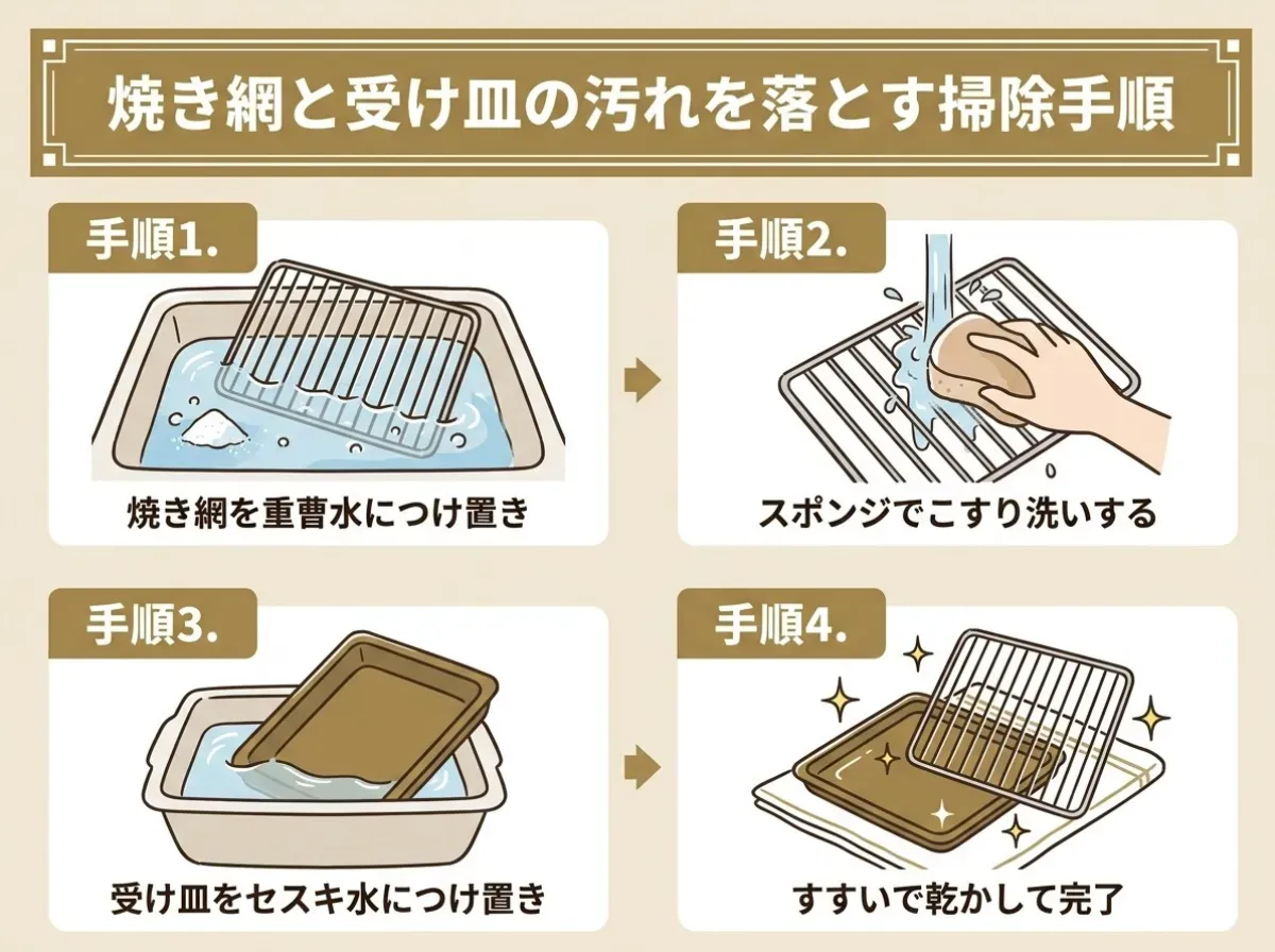 焼き網と受け皿の汚れを落とす掃除手順