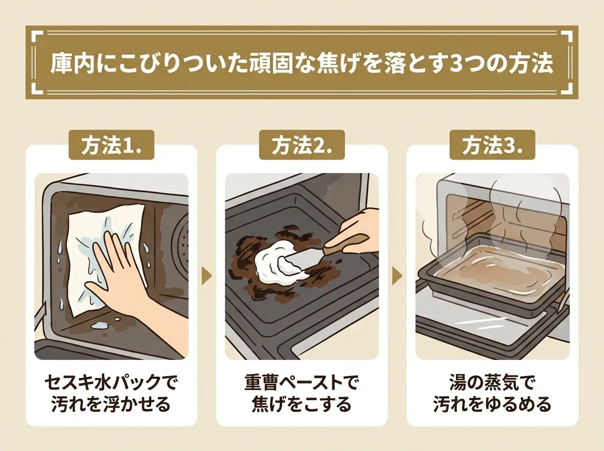 庫内にこびりついた頑固な焦げを落とす3つの方法
