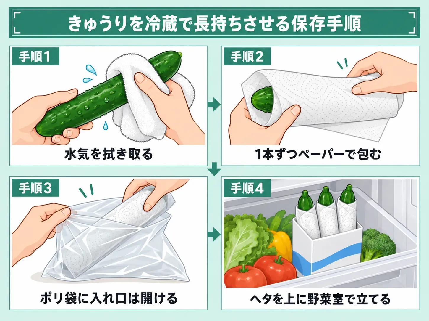 きゅうりを冷蔵で長持ちさせる保存手順