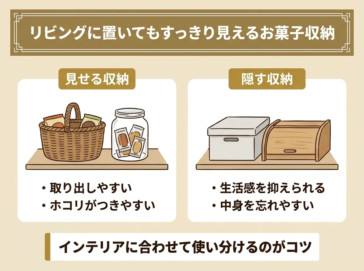 リビングに置いてもすっきり見えるお菓子収納