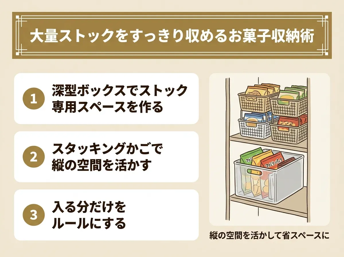 大量ストックをすっきり収めるお菓子収納術