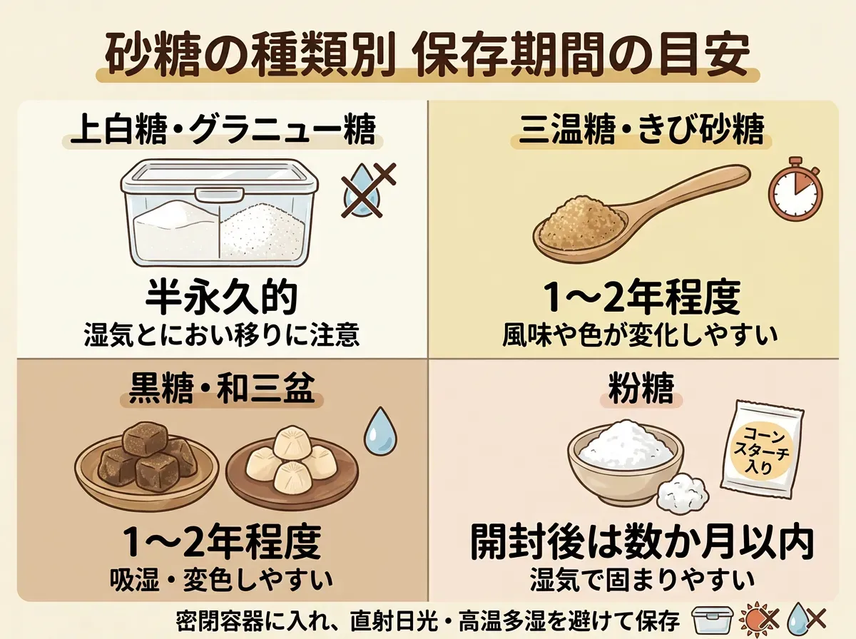 砂糖の種類別の保存可能期間と注意点