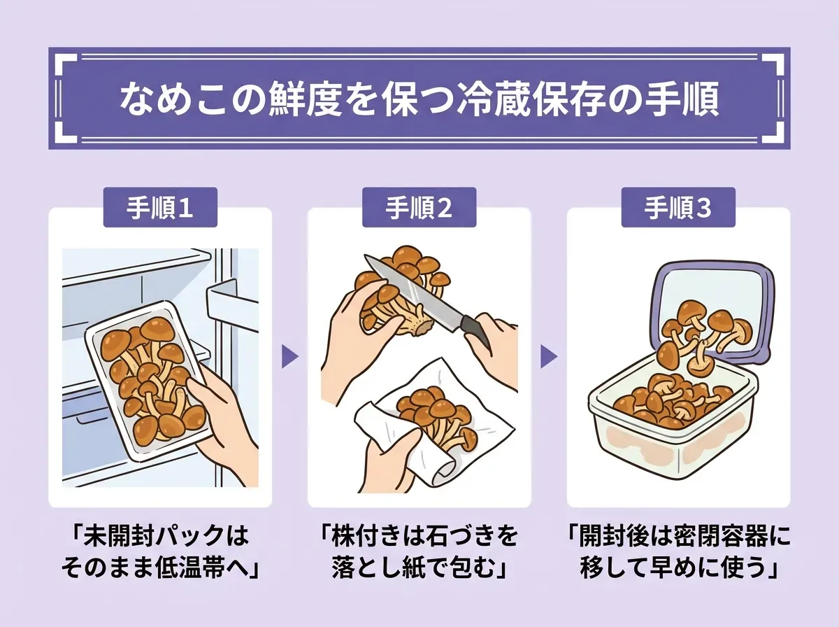 なめこの鮮度を保つ冷蔵保存の手順