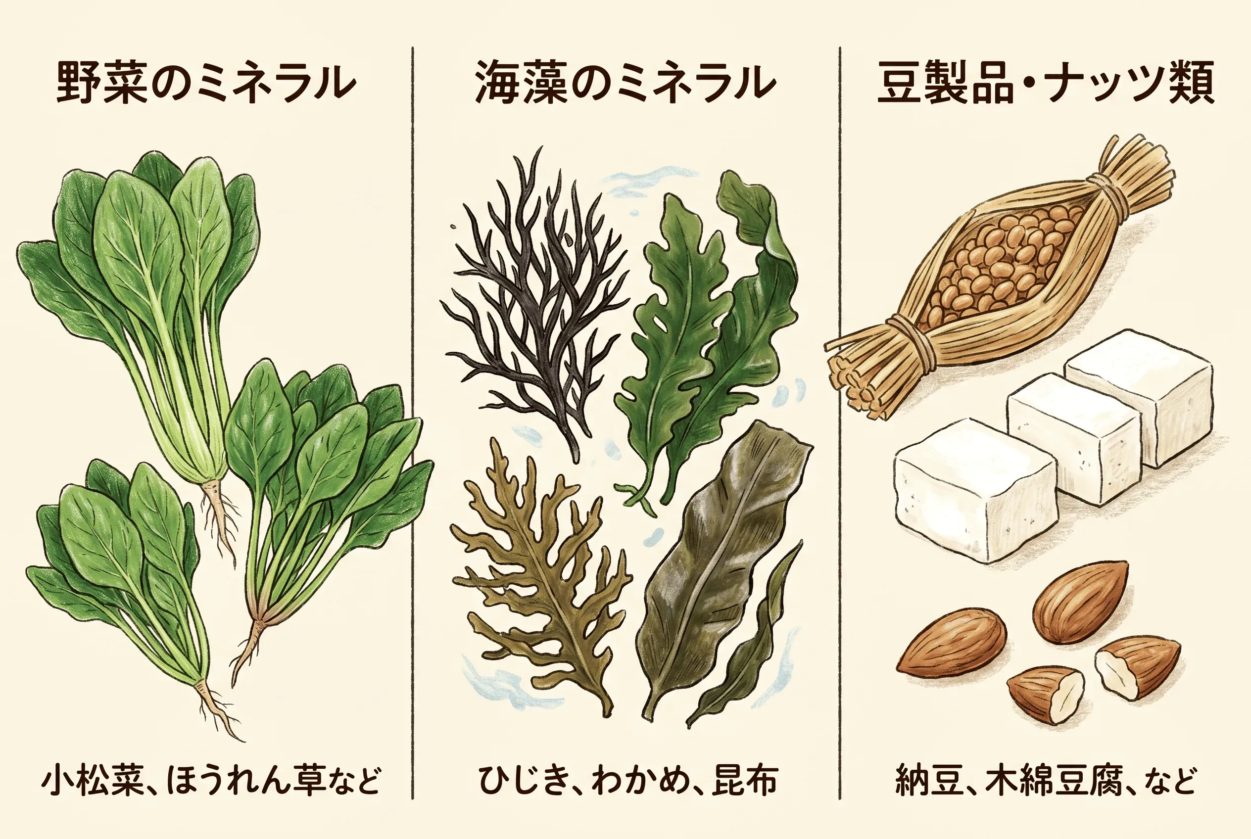 野菜・海藻・大豆製品で摂れるミネラルの種類