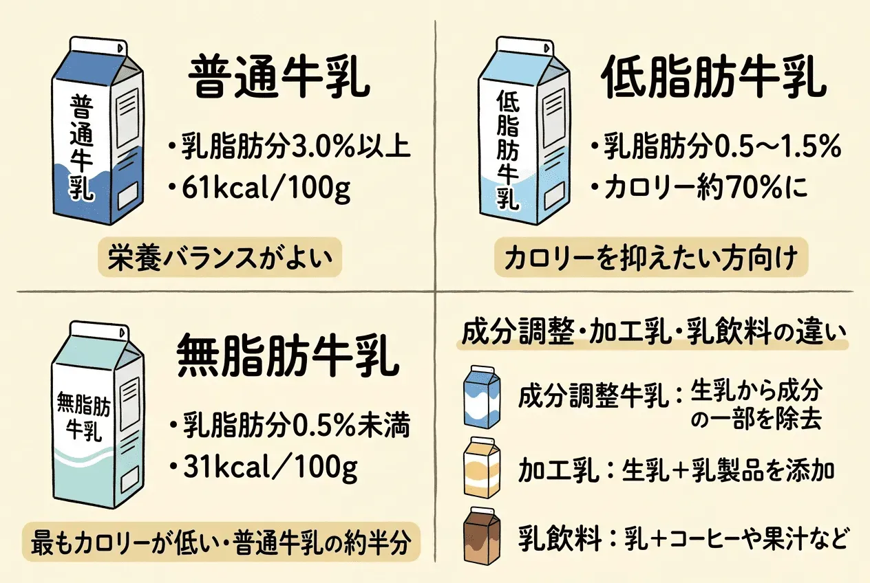 牛乳を種類別に比較!低脂肪牛乳や成分調整牛乳とは?