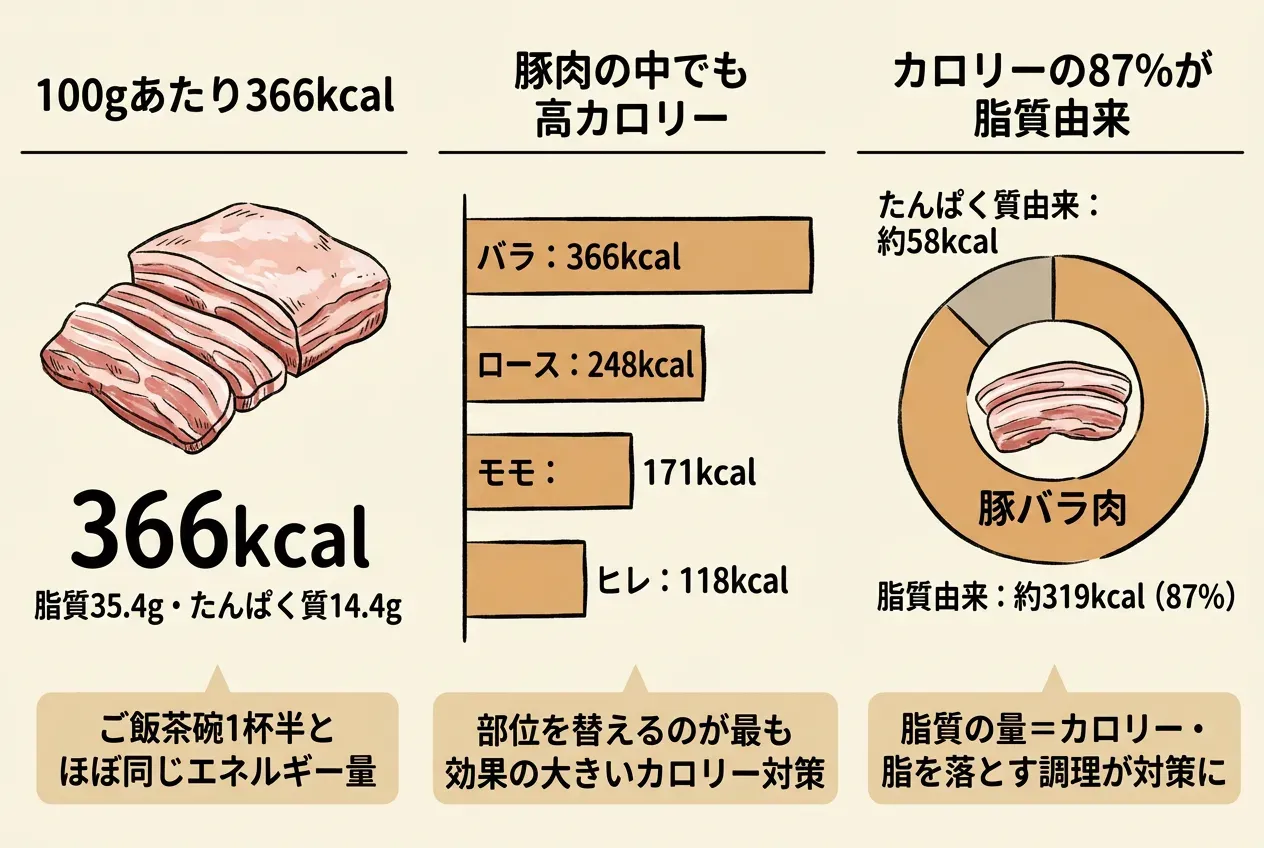 豚バラのカロリーは100gあたり366kcal