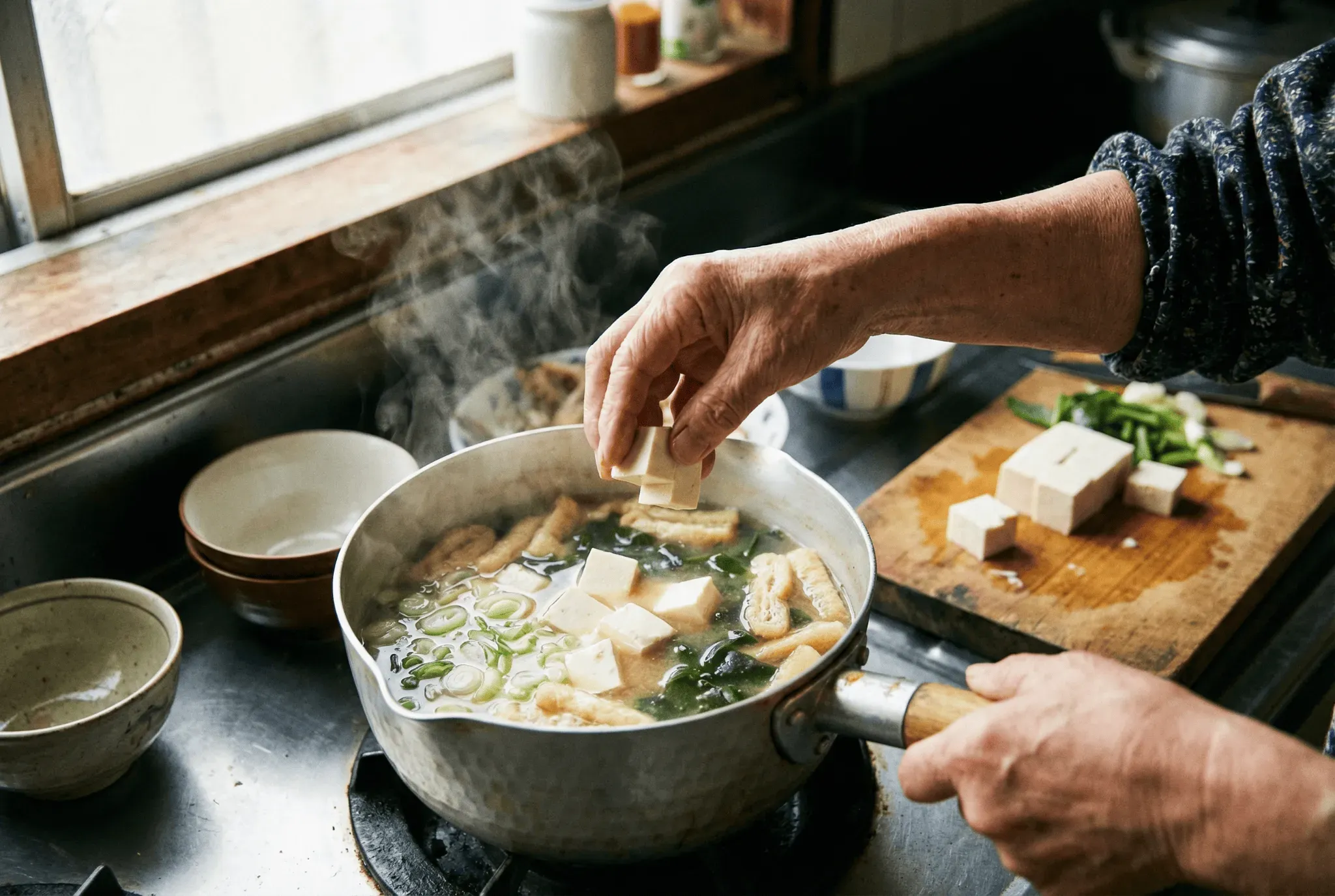 豆腐の味噌汁を作っている様子
