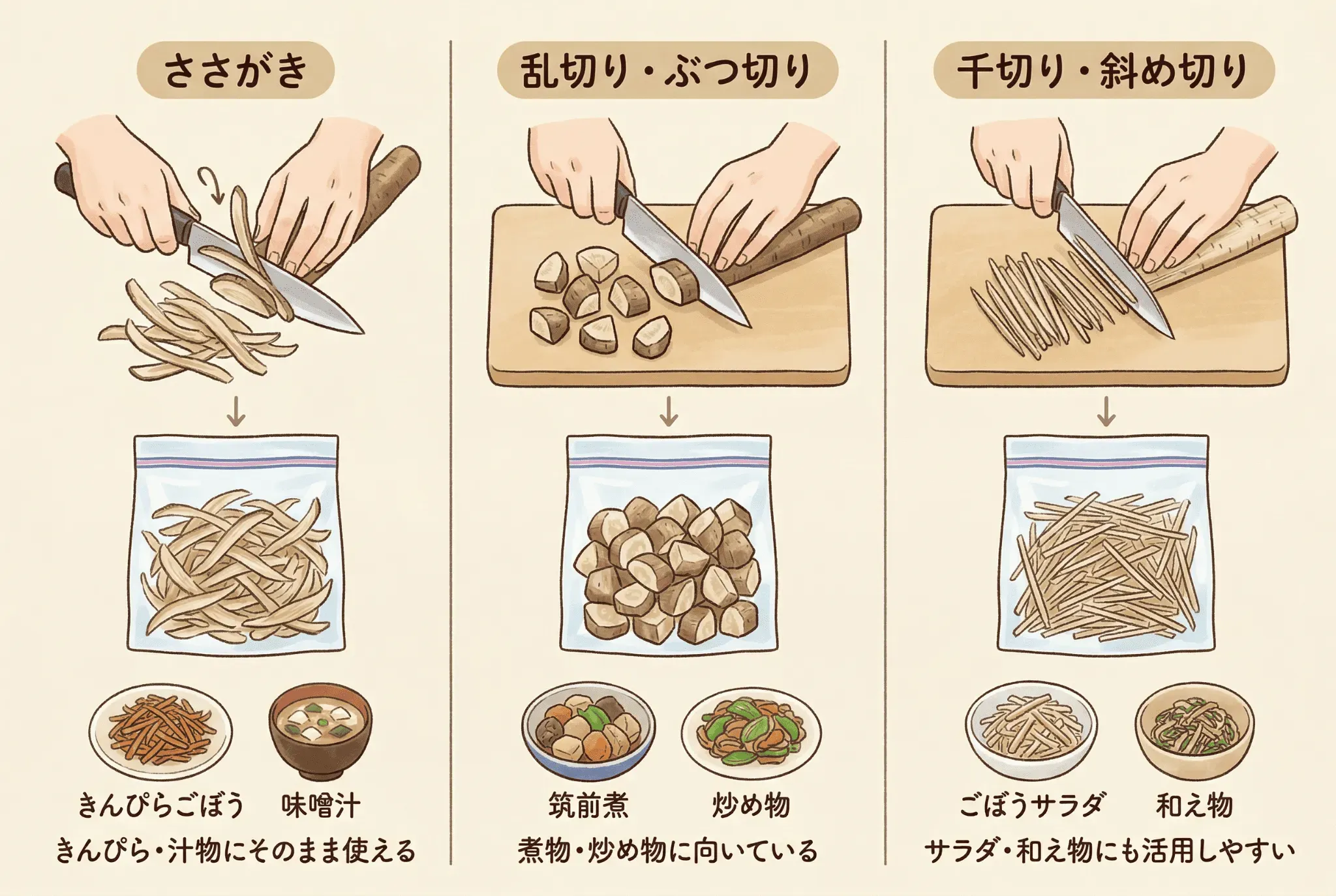 ごぼうを冷凍する際は切り方がカギ|ささがき・乱切り・千切りの使い分け
