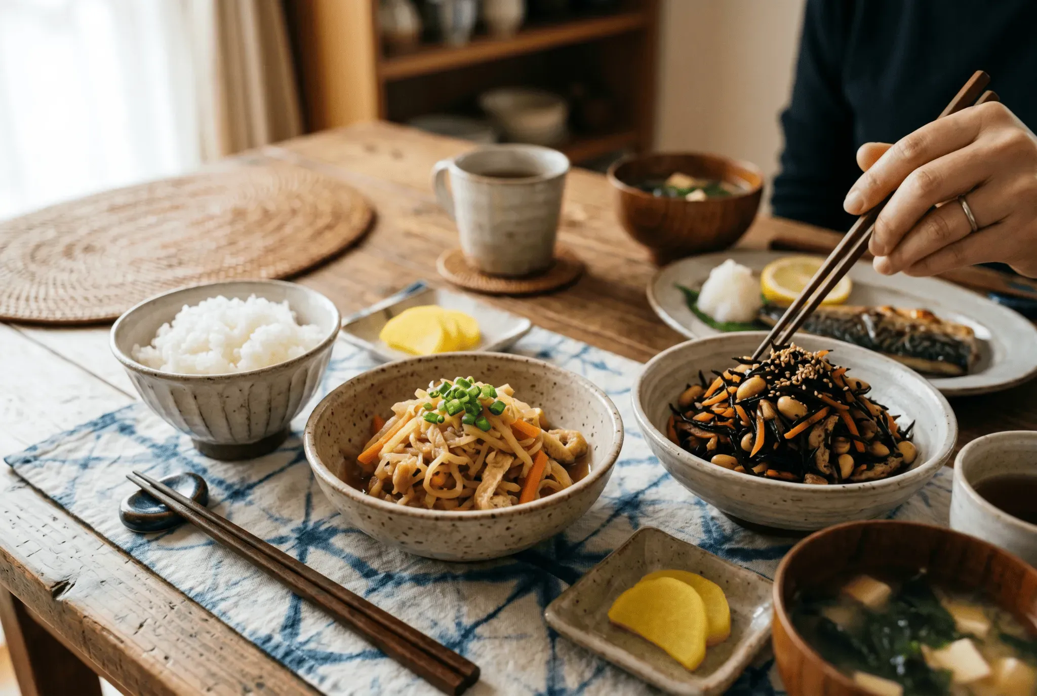 食物繊維の多い料理が食卓に並んでいる様子