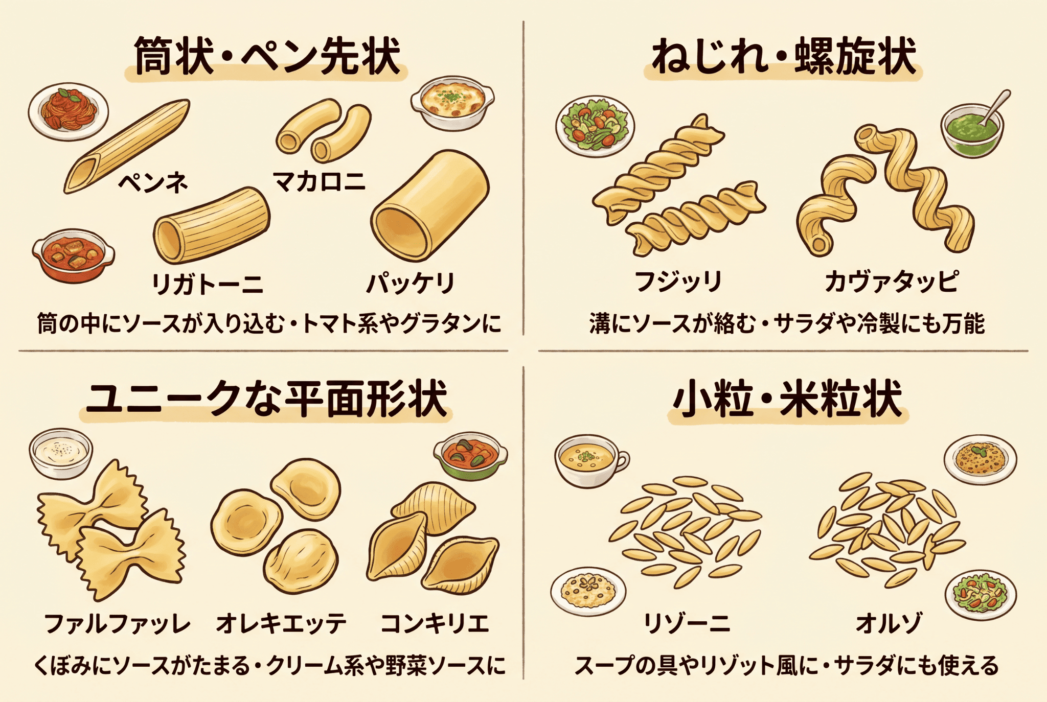 【ショートパスタ】種類と特徴・相性の良いソース一覧