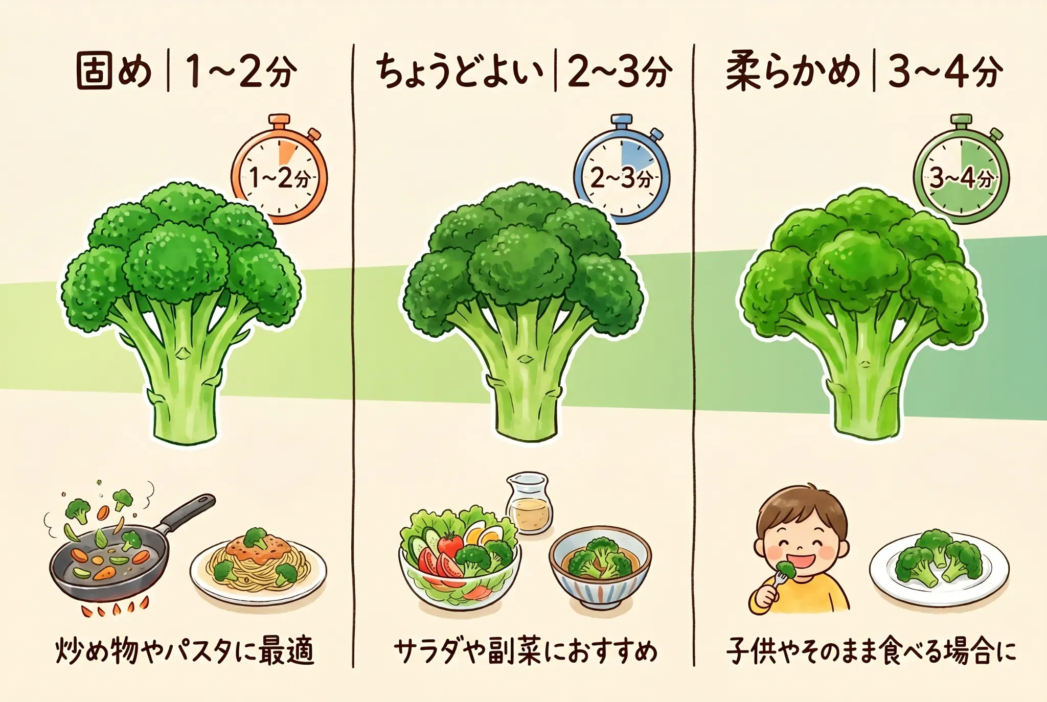 仕上がり別|ブロッコリーの茹で時間の使い分け