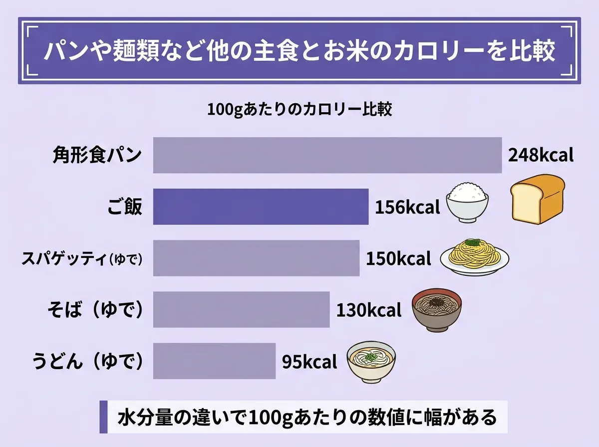 パンや麺類など他の主食とお米のカロリーを比較